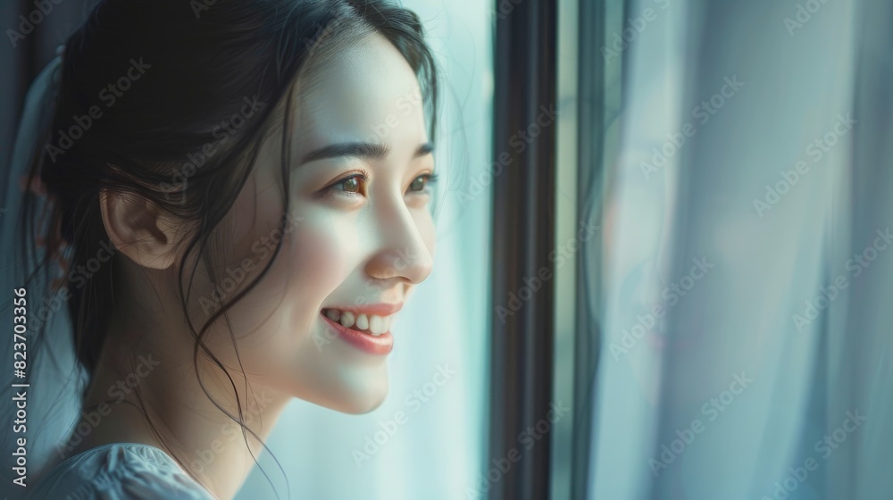 A happy Chinese woman looking out a window with a smile A happy Chinese woman looking out a window with a smile
