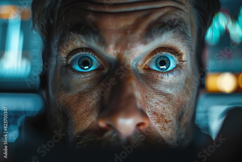 A man with blue eyes staring at a computer screen. Concept of focus and concentration as the man looks intently at the screen. distressed investor with wide eyes, staring at a computer screen