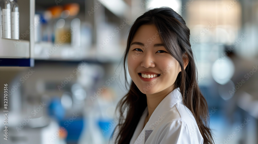 Smiling Asian Female Scientist in Laboratory, Wearing Lab Coat, Research and Innovation Smiling Asian Female Scientist in Laboratory, Wearing Lab Coat, Research and Innovation