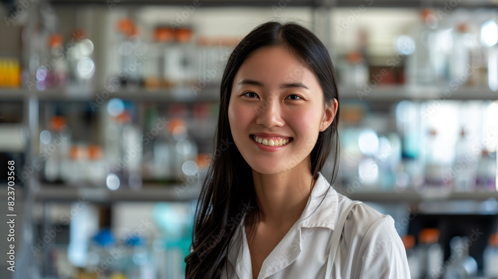 Smiling Asian Female Scientist in Laboratory, Wearing Lab Coat, Research and Innovation Smiling Asian Female Scientist in Laboratory, Wearing Lab Coat, Research and Innovation