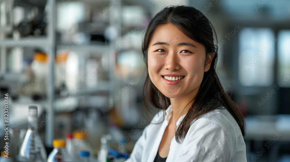 Smiling Asian Female Scientist in Laboratory, Wearing Lab Coat, Research and Innovation