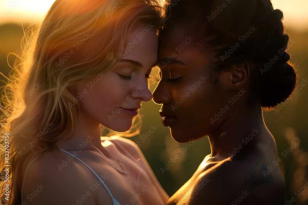 Two happy girls in love with each other stand face to face in the rays of the sun. Concept: LGBT, tolerance, multiculturalism and tolerance.