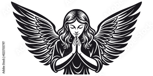 girl angel with wings praying vector stencil