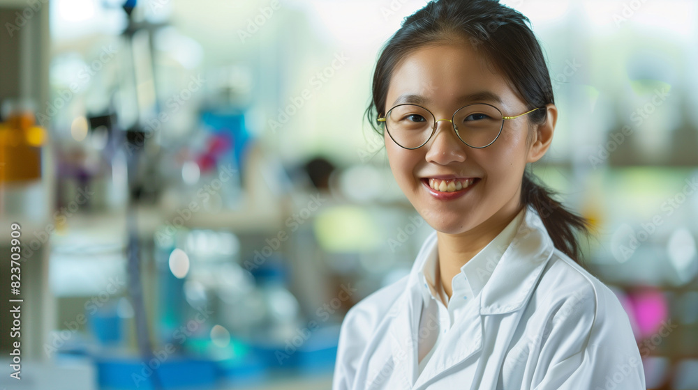 Smiling Asian Female Scientist in Laboratory, Wearing Lab Coat, Research and Innovation Smiling Asian Female Scientist in Laboratory, Wearing Lab Coat, Research and Innovation
