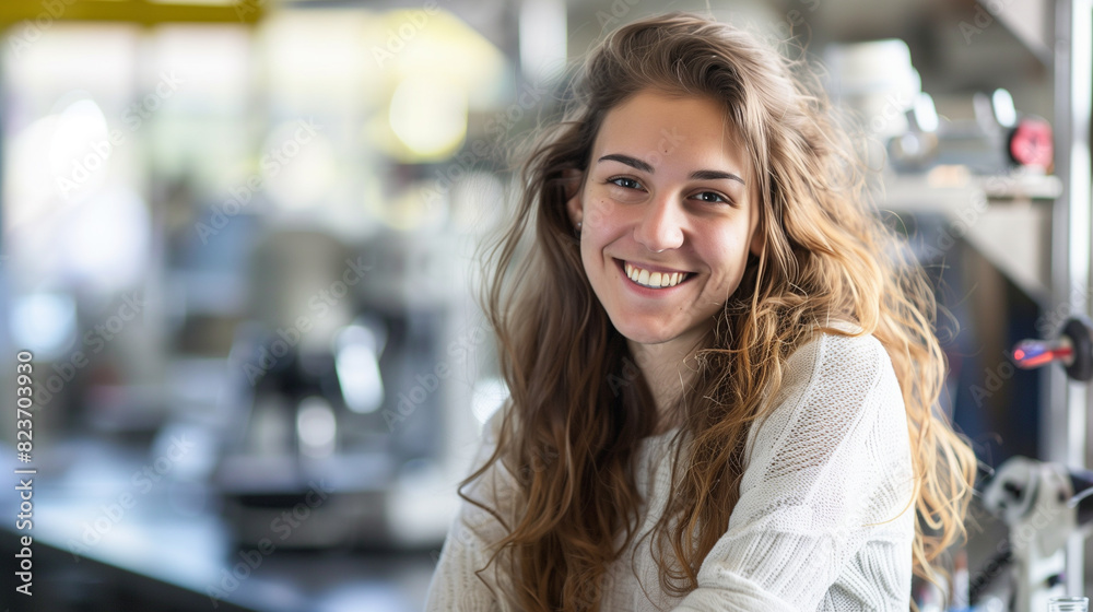 Smiling Female Scientist in Laboratory, Wearing Lab Coat, Research and Innovation Smiling Female Scientist in Laboratory, Wearing Lab Coat, Research and Innovation