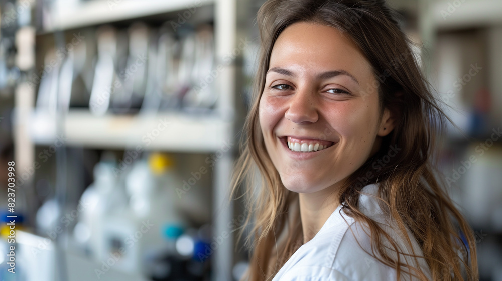 Smiling Female Scientist in Laboratory, Wearing Lab Coat, Research and Innovation Smiling Female Scientist in Laboratory, Wearing Lab Coat, Research and Innovation