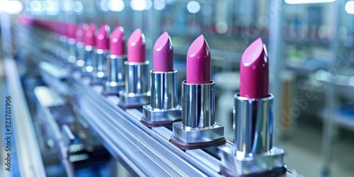 Row of vibrant pink lipsticks on a modern production line photo
