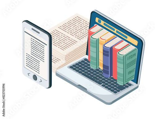 Online learning concept with laptop and stack of hardcover books on screen vector illustration isolated on white background