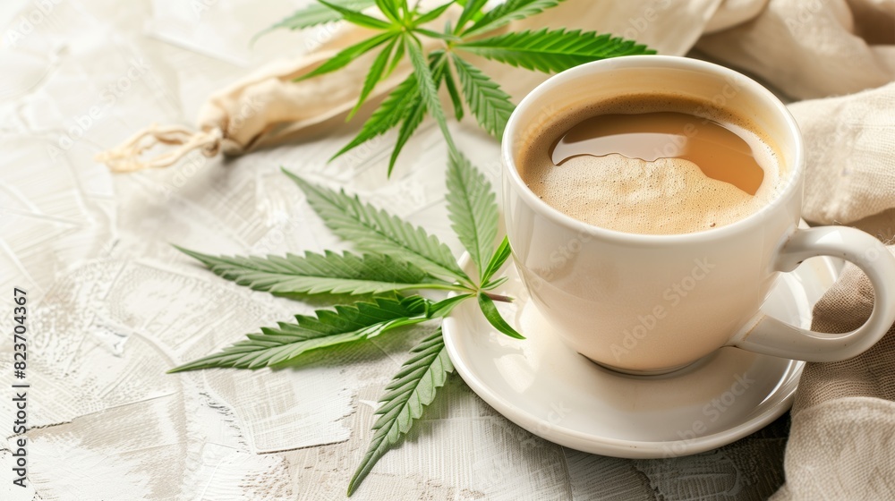 Cup of Coffee with Cannabis Leaf on White table. Cup of Coffee with Cannabis Leaf on White table.