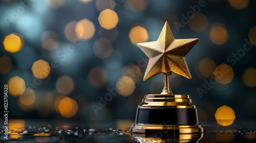 Glittering gold star trophy on bokeh backdrop