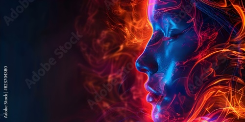AI-themed digital face in blue and red tones on a dark background. Concept Digital Art, AI Technology, Face Illustration, Blue and Red Tones, Dark Background photo