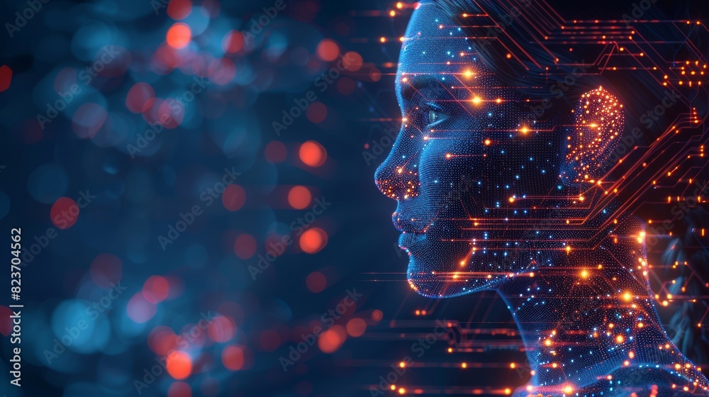 Obraz premium Artificial intelligence concept with circuit header profile and binary code background vector illustration. AI technology