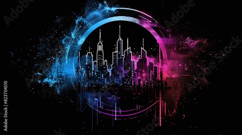 Empty dark city in neon circle, reflection of neon light in the puddles of the night city. Neon circle in the center, magical glow, light, rays, smoke