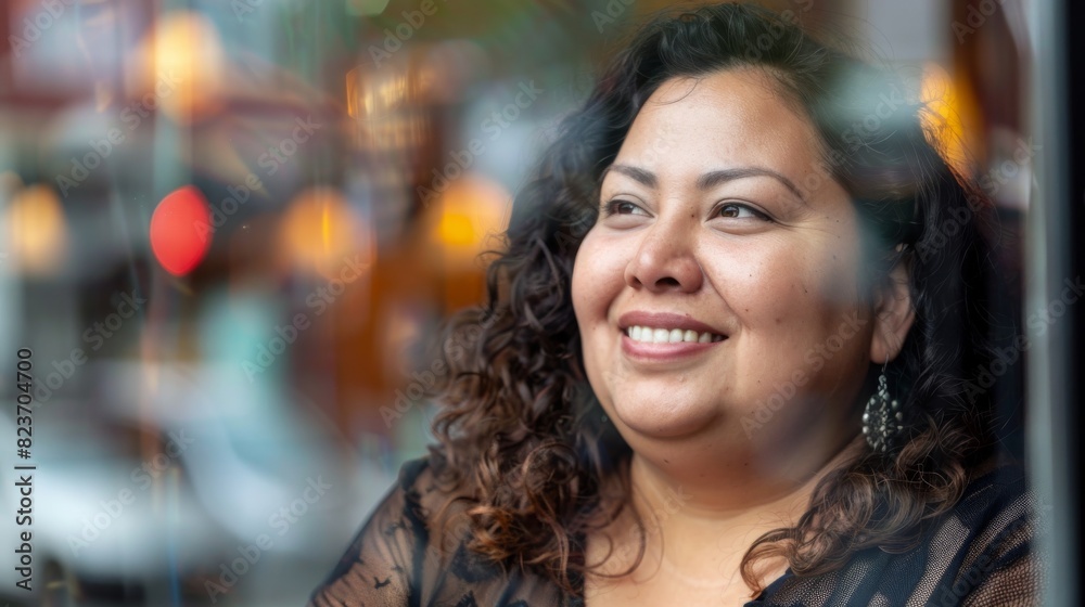 A smiling chubby Latin Mexican female with curly hair gazes out a window A smiling chubby Latin Mexican female with curly hair gazes out a window