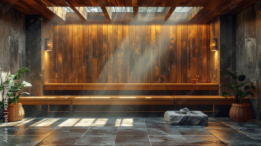 modern and minimalist sauna design with wooden benches and a stone stove for relaxation and wellness perfect for a tranquil spa experience modern and minimalist sauna design with wooden benches and a stone stove for relaxation and wellness perfect for a tranquil spa experience