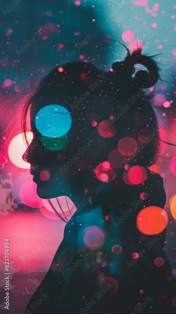 Enigmatic silhouette of a young Asian woman amidst colorful bokeh lights Enigmatic silhouette of a young Asian woman amidst colorful bokeh lights