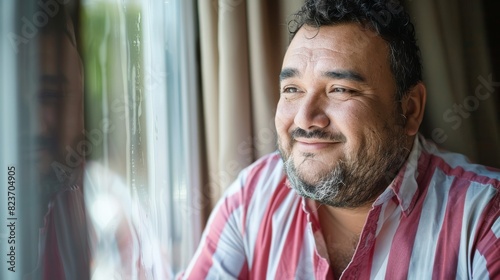 Chubby Latin Mexican male happily looking out of window