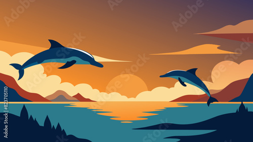 Majestic Dolphins Leaping at Sunset Over Calm Sea. Vector illustration for World Whale and Dolphin Day © Oksa Art