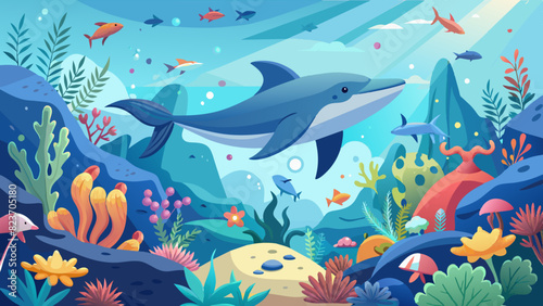 Vibrant Underwater Seascape with Playful Dolphin and Colorful Coral. Vector illustration for World Whale and Dolphin Day