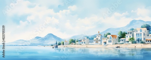 A painting of a beach with a small town in the background,watercolor illustrations ,summer season. photo