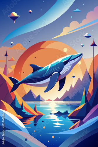 Surreal Sunset Landscape with Soaring Whale and Colorful Mountains. Vector illustration for World Whale and Dolphin Day