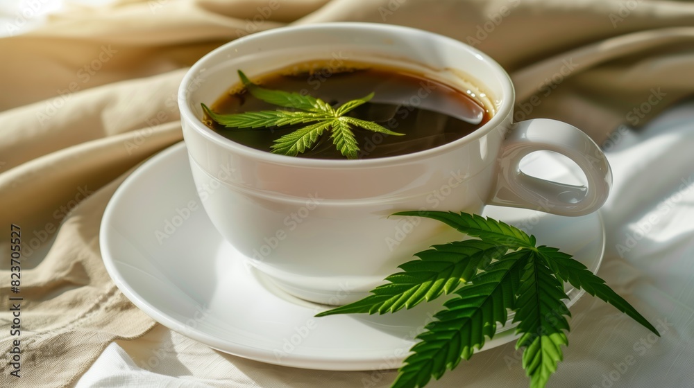 Cup of Coffee with Cannabis Leaf on White table. Cup of Coffee with Cannabis Leaf on White table.