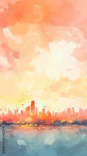 A city skyline with a sunset in the background watercolor illustrations  summer season.