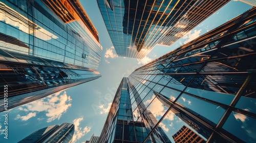 Modern office buildings in city  low angle view of skyscrapers with glass facades against sky. Business architecture concept