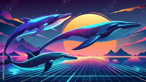 Majestic Whales Soaring Over Cyber Seascape at Sunset. Vector illustration for World Whale and Dolphin Day photo