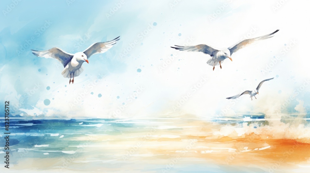 Obraz premium Three seagulls flying over the ocean,watercolor illustrations ,summer season.
