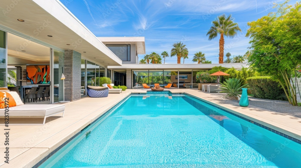 Palm Springs style pool with modern house in the background, home photography.