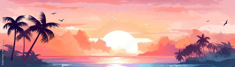A beautiful sunset over the ocean with palm trees in the background,watercolor illustrations ,summer season.