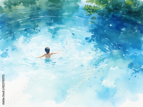 A man is swimming in a pool watercolor illustrations  summer season.