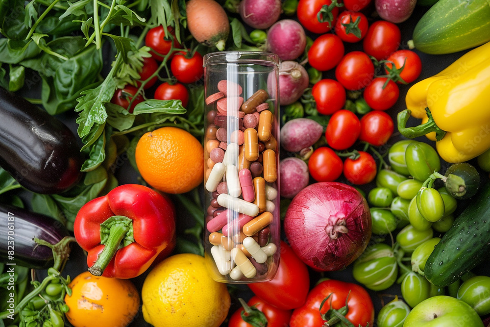 Clear capsule overflowing with essential multivitamins and dietary supplements, surrounded by an array of colorful, fresh vegetables and fruits, symbolizing a health-conscious lifestyle choice Clear capsule overflowing with essential multivitamins and dietary supplements, surrounded by an array of colorful, fresh vegetables and fruits, symbolizing a health-conscious lifestyle choice