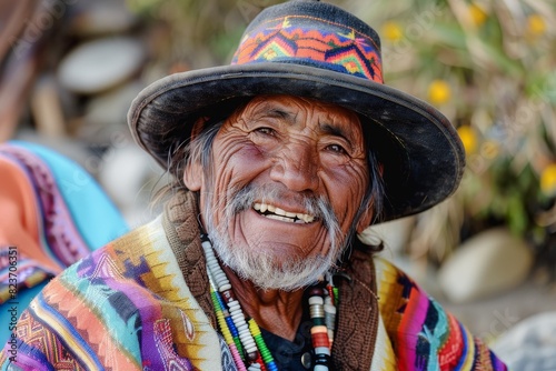 Portrait of a smiling hispanic tribal man in traditional Indian clothing photo