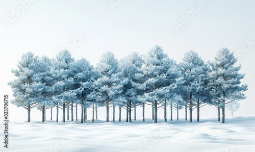 Snow-Covered Pine Trees Against White Sky Background in Serene Winter Landscape