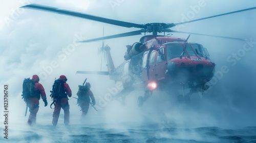 Helicopter medevac team in action on a foggy morning. photo