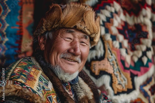An elderly Asian man with a gray beard sits and smiles wearing traditional national clothing and a fur hat