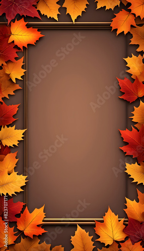 A vertical autumn-themed background with a brown gradient center and a border of colorful fall leaves in shades of red, orange, and yellow.