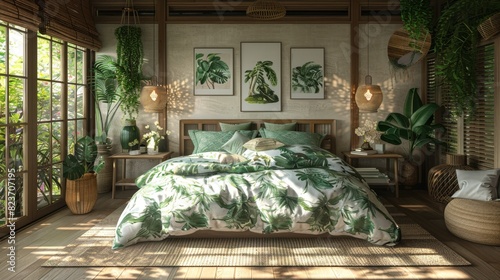 nature-inspired home decor, transform your bedroom into a peaceful oasis with a biophilic design using a wooden bed frame, green leaf-patterned bedding, and natural materials