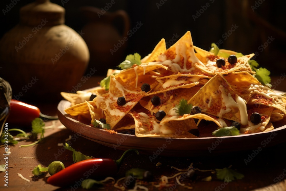 Tempting nachos on a ceramic tile against a cork background Tempting nachos on a ceramic tile against a cork background