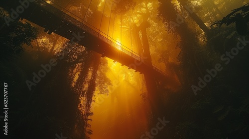 Numerous fallen trees obstruct a wooden bridge in a forest, AI-generated. photo