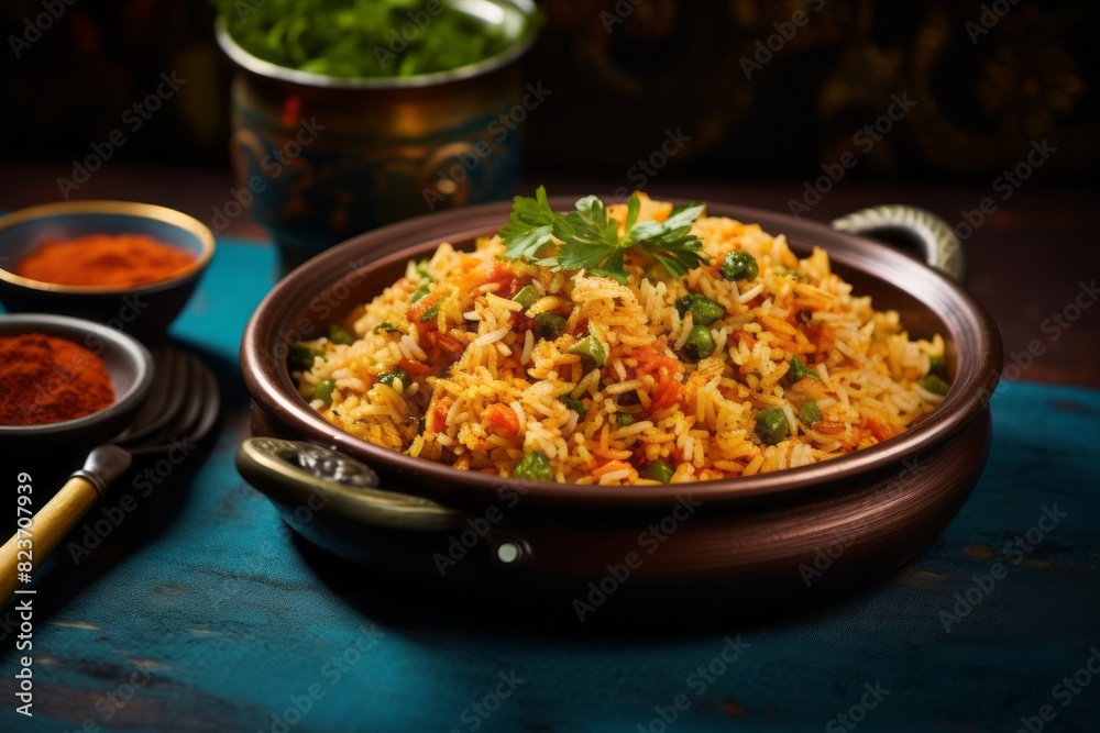 Delicious fried rice on a metal tray against a vintage wallpaper background