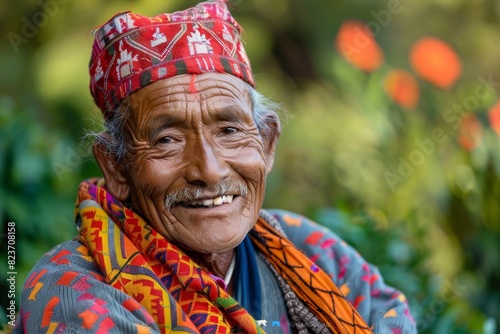 Elderly Asian man wearing traditional Nepalese clothing and headdress sitting and smiling
