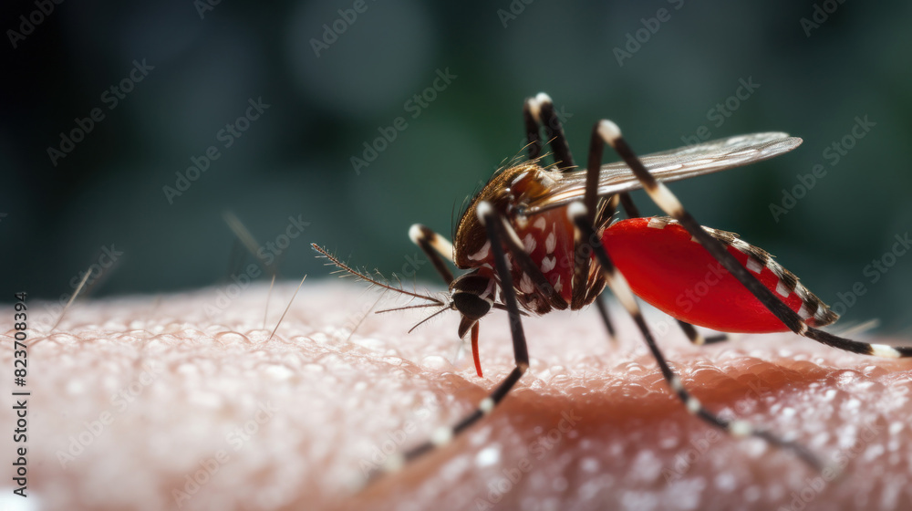 Naklejka premium striped mosquito on the skin close-up sucks blood. Mosquitoes are carriers of dengue fever, world malaria day, poster