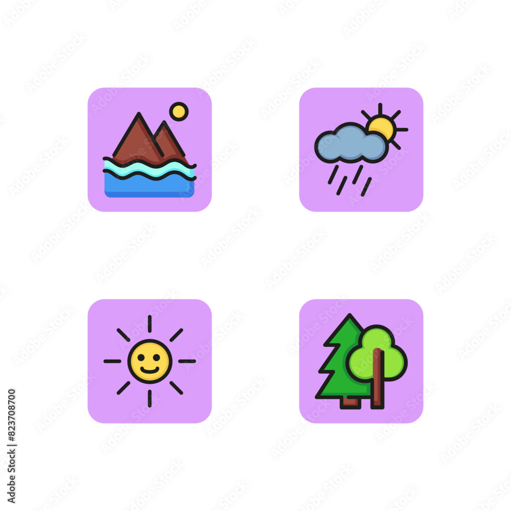 Fototapeta premium Nature line icon set. Sunshine, forest, mountains and rainy cloud. Weather concept. Vector illustration for web design