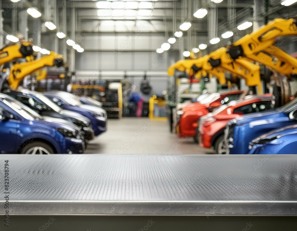 A metal blank tabletop with blurred automotive tools and parts in the background suitable for promoting automotive products A metal blank tabletop with blurred automotive tools and parts in the background suitable for promoting automotive products