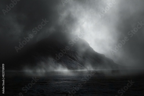 Digital image of black and white photograph of a fog blown sky over a mountain