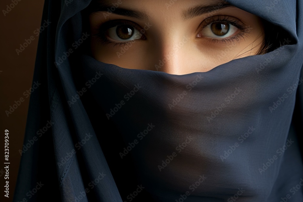 Close-up of a woman's captivating eyes with her face veiled in a sheer fabric Close-up of a woman's captivating eyes with her face veiled in a sheer fabric