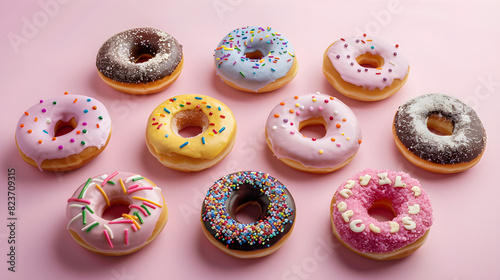 Colorful and delicious donuts on a pink background  perfect for National Donut Day or any celebration.